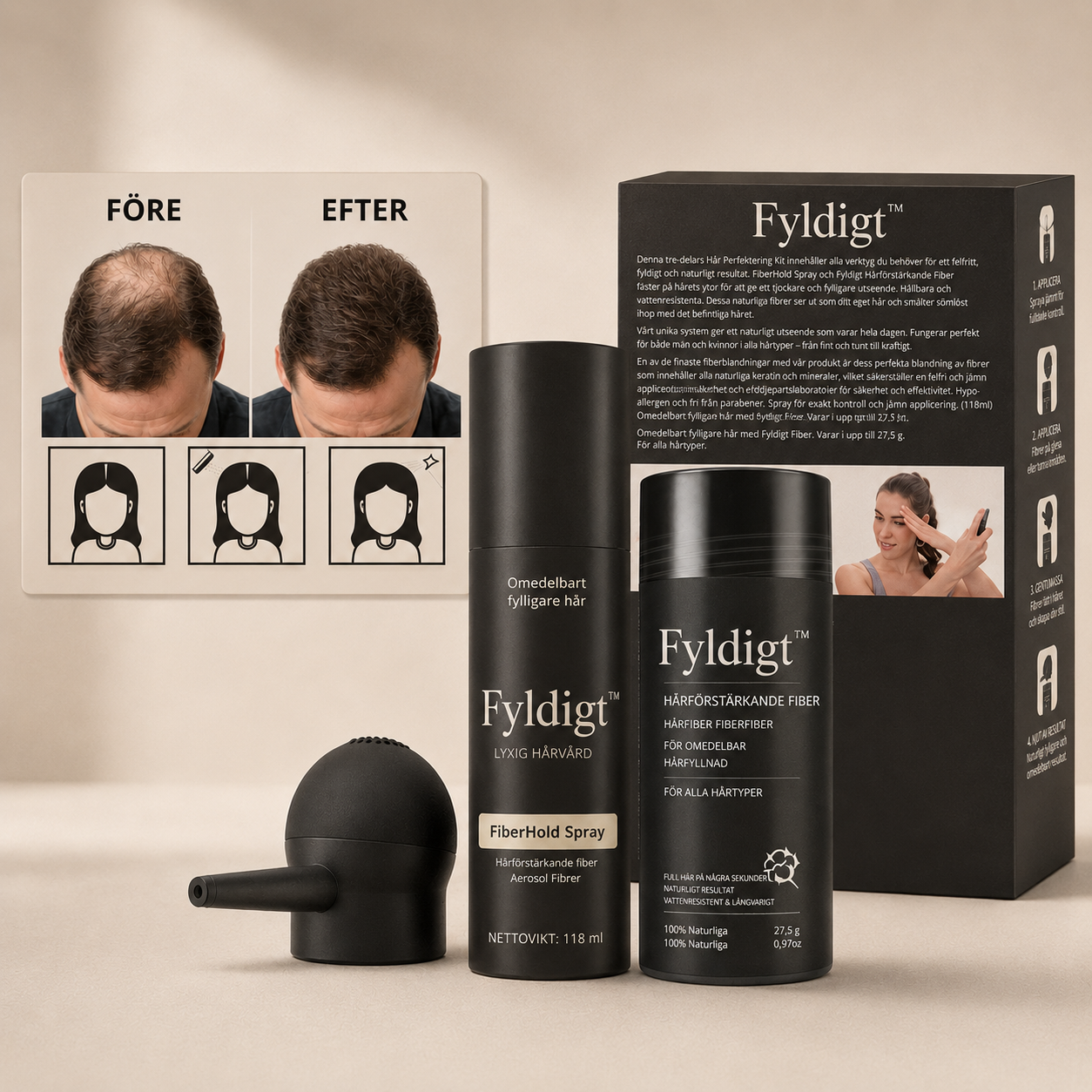 Fyldigt Hårfibrer alla nyanser – Svart, Mörkbrun, Mellanbrun, Ljusbrun, Blond