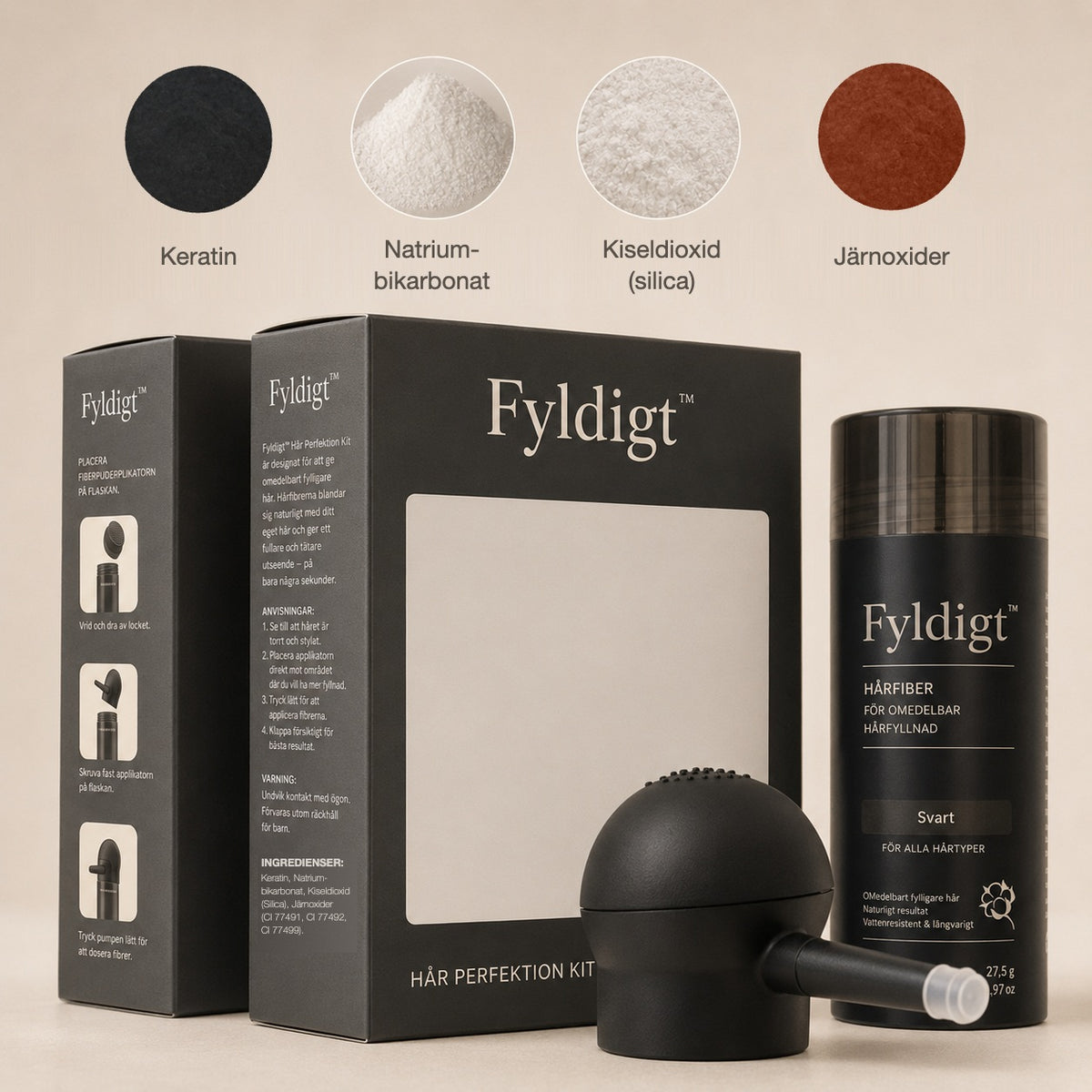 Fyldigt Hårfibrer – förpackning, applikator och innehåll: keratin, natriumbikarbonat, kiseldioxid och järnoxider